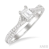 1/2 Ctw Criss Cross Shank Round Cut Diamond Engagement Ring With 1/3 Ct Emerald Cut Diamond Center Stone in 14K White Gold