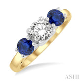 4.65 MM Round Shape Sapphire and 3/4 Ctw Past, Present and Future Round Cut Diamond Precious Ring in 14K Yellow and White Gold