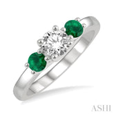 3.50 MM Round Shape Emerald and 3/8 Ctw Past, Present and Future Round Cut Diamond Precious Ring in 14K White Gold