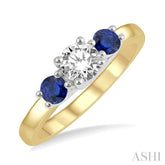 3.50 MM Round Shape Sapphire and 3/8 Ctw Past, Present and Future Round Cut Diamond Precious Ring in 14K Yellow and White Gold