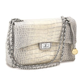 Top Grain Leather Croc Texture Silver-Grey Chain Strap Handbag with Zip Pocket, 2 Slip Pockets, and Key Fob