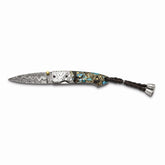 Luxury Giftware Damascus Steel 256 Layer Folding Blade Turquoise/Abalone/Obsidian/Bronze Handle Knife with Leather Sheath and Wooden Gift Box