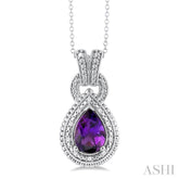 10X7 MM Pear Cut Amethyst and 1/20 Ctw Round Cut Diamond Semi-Precious Pendant With Chain in Sterling Silver
