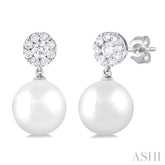 7 MM Cultured White Pearl and 1/4 Ctw Disc Top Lovebright Round Cut Diamond Fashion Earrings in 10K White Gold