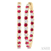 2.3 MM Round Ruby and 1 1/2 Ctw Round Cut Diamond Inside & Outside Alternating Precious Hoop Earrings in 14K Yellow Gold