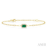 5x3 MM Emerald and 1/20 Ctw Round Cut Diamond Halo Precious Paperclip Bracelet in 10K Yellow Gold