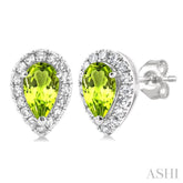 5x3 MM Pear Shape Peridot and 1/8 Ctw Single Cut Diamond Halo Semi-Precious Stud Earrings in 14K White Gold