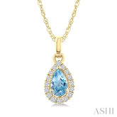 5x3 MM Pear Shape Aquamarine and 1/20 Ctw Round Cut Diamond Halo Semi-Precious Pendant with Chain in 10K Yellow Gold