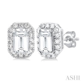 5x3 MM Octagonal Shape White Topaz and 1/8 Ctw Single Cut Diamond Halo Semi-Precious Stud Earrings in 14K White Gold