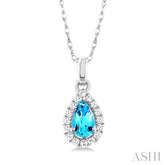 5x3 MM Pear Shape Blue Topaz and 1/20 Ctw Single Cut Diamond Halo Semi-Precious Pendant with Chain in 14K White Gold