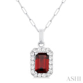 6x4 MM Octagonal Shape Garnet and 1/6 Ctw Round Cut Diamond Halo Semi-Precious Pendant with Chain in 10K White Gold