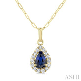 6x4 MM Pear Shape Sapphire and 1/6 Ctw Round Cut Diamond Halo Precious Pendant with Chain in 14K Yellow Gold