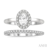 3/8 Ctw Round Cut Diamond Wedding Set With 1/3 Ct Halo 1/4 Ct Oval Cut Center Stone Engagement Ring and 1/10 Ct Wedding Band in 14K White Gold