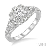 7/8 Ctw Diamond Engagement Ring with 1/3 Ct Princess Cut Center Stone in 14K White Gold