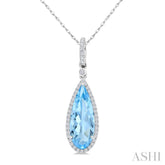 16X6 MM Pear Shape Blue Topaz and 1/5 Ctw Round Cut Diamond Semi-Precious Pendant With Chain in 10K White Gold