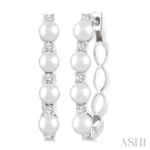1/4 Ctw 4MM White Pearl and Round Cut Diamond Fashion Hoop Earrings in 14K White Gold