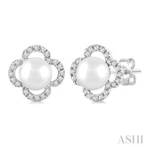 5 MM Cultured Pearl and 1/6 Ctw Round Cut Diamond Clover Petite Fashion Earrings in 10K White Gold