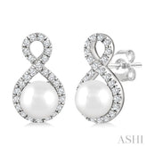 5 MM Cultured Pearls and 1/5 Ctw Round Cut Diamond Petite Earrings 10K White Gold