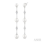 4 MM, 5 MM & 6 MM Round Shape Cultured Pearls and 1/10 Ctw Round Cut Diamond Station Long Earrings in 14K White Gold