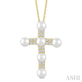 4 MM Cross Cultured Pearl and 1/5 Ctw Round Cut Diamond Fashion Pendant With Chain in 10K Yellow Gold