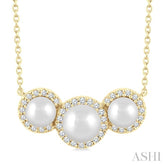 5 MM & 4 MM Cultured Pearl and 1/6 Ctw Round Cut Diamond Halo Pendant With Chain in 14K Yellow Gold