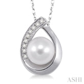 6.5 MM Round Shape Cultured Pearl and 1/20 Ctw Round Cut Diamond Pendant in 14K White Gold with Chain