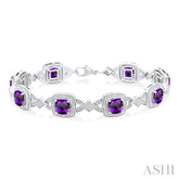 7X7 MM Cushion Shape Amethyst and 1/10 Ctw Round Cut Diamond Semi-Precious Bracelet in Sterling Silver