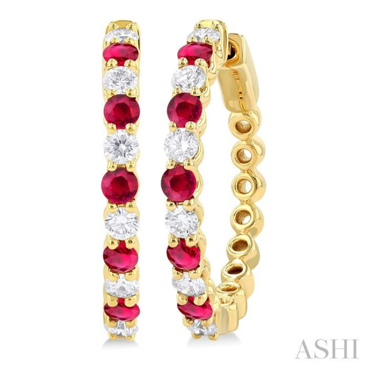 2.7 MM Round Shape Ruby and 7/8 Ctw Round Cut Diamond Precious Hoop Earring in 14K Yellow Gold 2.7 MM Round Shape Ruby and 7/8 Ctw Round Cut Diamond Precious Hoop Earring in 14K Yellow Gold
