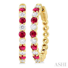 2.7 MM Round Shape Ruby and 7/8 Ctw Round Cut Diamond Precious Hoop Earring in 14K Yellow Gold 2.7 MM Round Shape Ruby and 7/8 Ctw Round Cut Diamond Precious Hoop Earring in 14K Yellow Gold