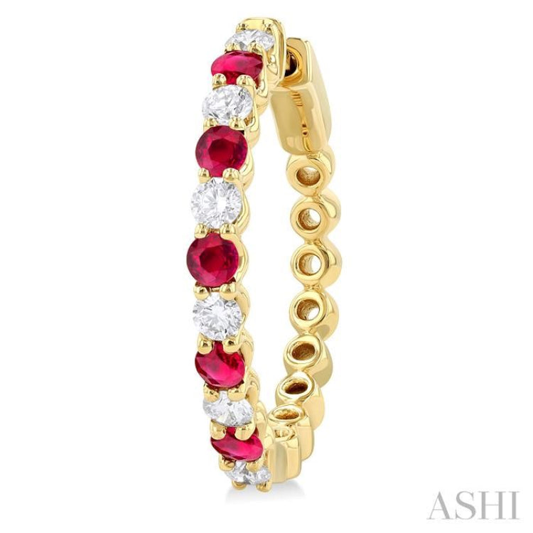 2.7 MM Round Shape Ruby and 7/8 Ctw Round Cut Diamond Precious Hoop Earring in 14K Yellow Gold 2.7 MM Round Shape Ruby and 7/8 Ctw Round Cut Diamond Precious Hoop Earring in 14K Yellow Gold