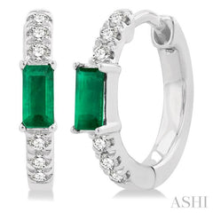 4X2 MM Baguette Cut Emerald and 1/8 Ctw Petite Round Cut Diamond Fashion Huggies in 10K White Gold 4X2 MM Baguette Cut Emerald and 1/8 Ctw Petite Round Cut Diamond Fashion Huggies in 10K White Gold