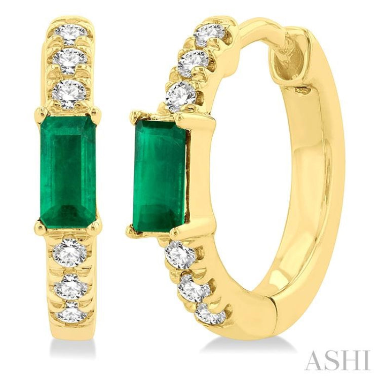 4X2 MM Baguette Cut Emerald and 1/8 Ctw Petite Round Cut Diamond Fashion Huggies in 10K Yellow Gold 4X2 MM Baguette Cut Emerald and 1/8 Ctw Petite Round Cut Diamond Fashion Huggies in 10K Yellow Gold