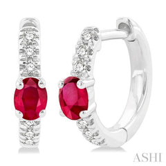 4X3 MM Oval Cut Ruby and 1/10 Ctw Petite Round Cut Diamond Fashion Huggies in 10K White Gold 4X3 MM Oval Cut Ruby and 1/10 Ctw Petite Round Cut Diamond Fashion Huggies in 10K White Gold
