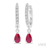 5x3 MM Pear Shape Ruby and 1/8 Ctw Round Cut Diamond Petite Fashion Huggie Earrings in 10K White Gold