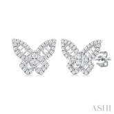 1/2 Ctw Baguette and Round Cut Diamond Butterfly Petite Fashion Stud Earring in 14K White Gold