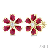 4X3 MM Floral Blossom Pear Cut Ruby and 1/10 Ctw Round Cut Diamond Precious Stud Earring in 14K Yellow Gold