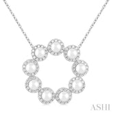 3 MM Round Shape Cultured Pearl and 1/3 Ctw Round Cut Diamond Halo Pendant With Chain in 14K White Gold