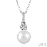 6 MM Round Shape Cultured Pearl and 1/50 Ctw Round Cut Diamond Petite Fashion Pendant With Chain in 10K White Gold