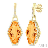 16x10 MM Hexagon Shape Citrine and 1/4 Ctw Round Cut Diamond Halo Semi-Precious Earrings in 14K Yellow Gold