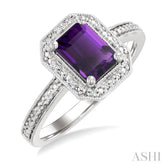 7X5 MM Octagon Shape Amethyst and 1/50 Ctw Round Cut Diamond Semi-precious Ring in Sterling Silver