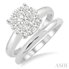 1 ctw Lovebright Round Cut Diamond Wedding Set With 3/4 ctw Circular Engagement Ring and 1/3 ctw U-Shape Center Wedding Band in 14K White Gold