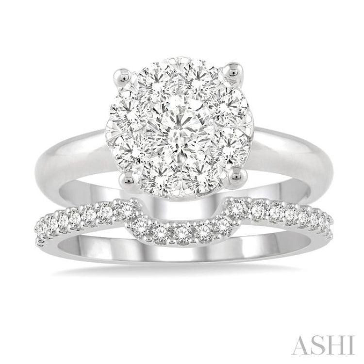 1/2 ctw Lovebright Round Cut Diamond Wedding Set With 1/3 ctw Circular Engagement Ring and 1/5 ctw U-Shape Center Wedding Band in 14K White Gold