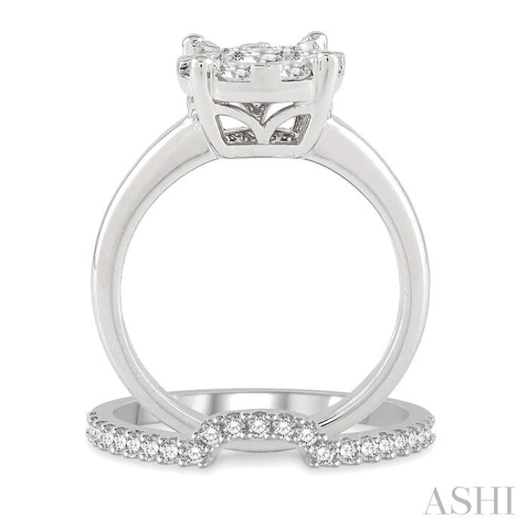 1/2 ctw Lovebright Round Cut Diamond Wedding Set With 1/3 ctw Circular Engagement Ring and 1/5 ctw U-Shape Center Wedding Band in 14K White Gold