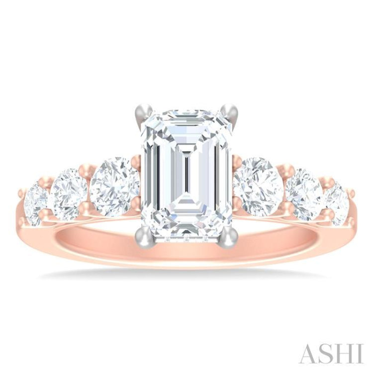 1 1/10 Ctw Emerald Shape Round Cut Diamond Semi Mount Engagement Ring in 14K Rose and White Gold