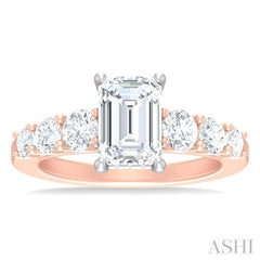 1 1/10 Ctw Emerald Shape Round Cut Diamond Semi Mount Engagement Ring in 14K Rose and White Gold