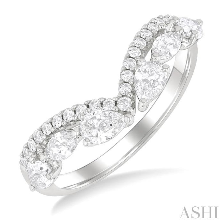 7/8 ctw Curved Chevron Mixed Shape Diamond Cut Fashion Ring in 14K White Gold