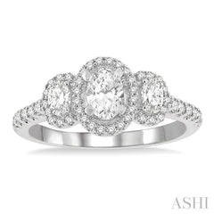 1 Ctw Past, Present & Future Round Cut Diamond Engagement Ring With 3/8 Ct Oval Cut Center Stone in 14K White Gold