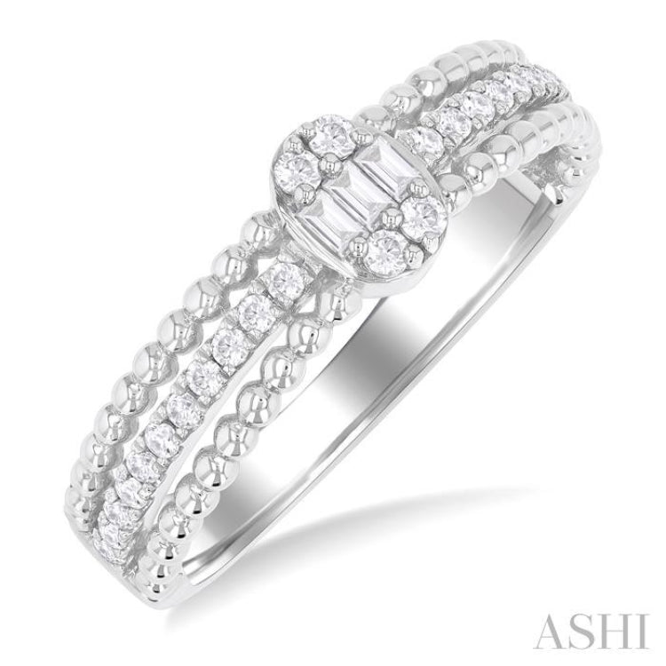 1/3 ctw Oval Shape Ball Bead Shank Fusion Baguette and Round Cut Diamond Fashion Band in 14K White Gold