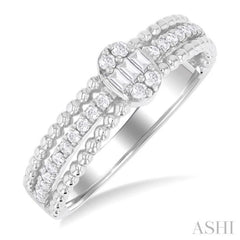 1/3 ctw Oval Shape Ball Bead Shank Fusion Baguette and Round Cut Diamond Fashion Band in 14K White Gold