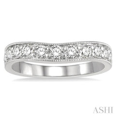 3/4 Ctw Curved Center Milgrain Border Round Cut Diamond Wedding Band in 14K White Gold